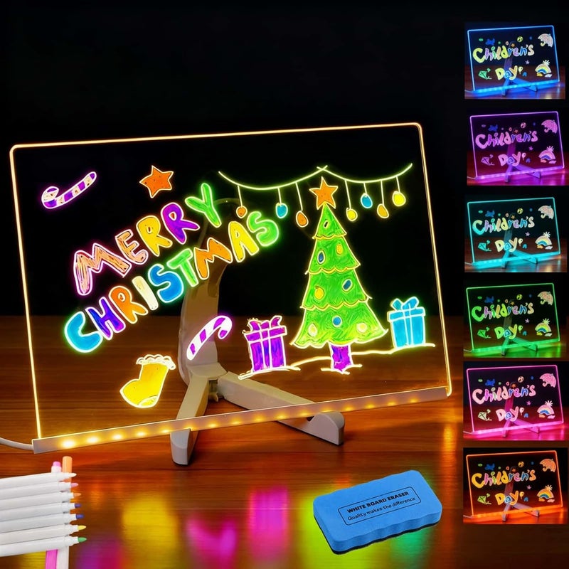 zimumoda LED Note Board with Colors – Acrylic Dry Erase Board with 10 Light Modes, 7 Fluorescent Markers & Eraser, USB Powered Light Up Drawing Board for Kids & Adults, LED Message Board for Home Office School - Image 1